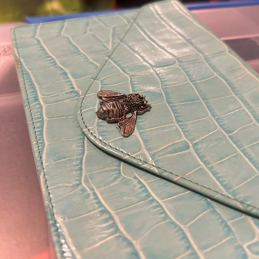 Vintage Teal Croc Embossed Leather Envelope Clutch w/ Silver Bumble Bee